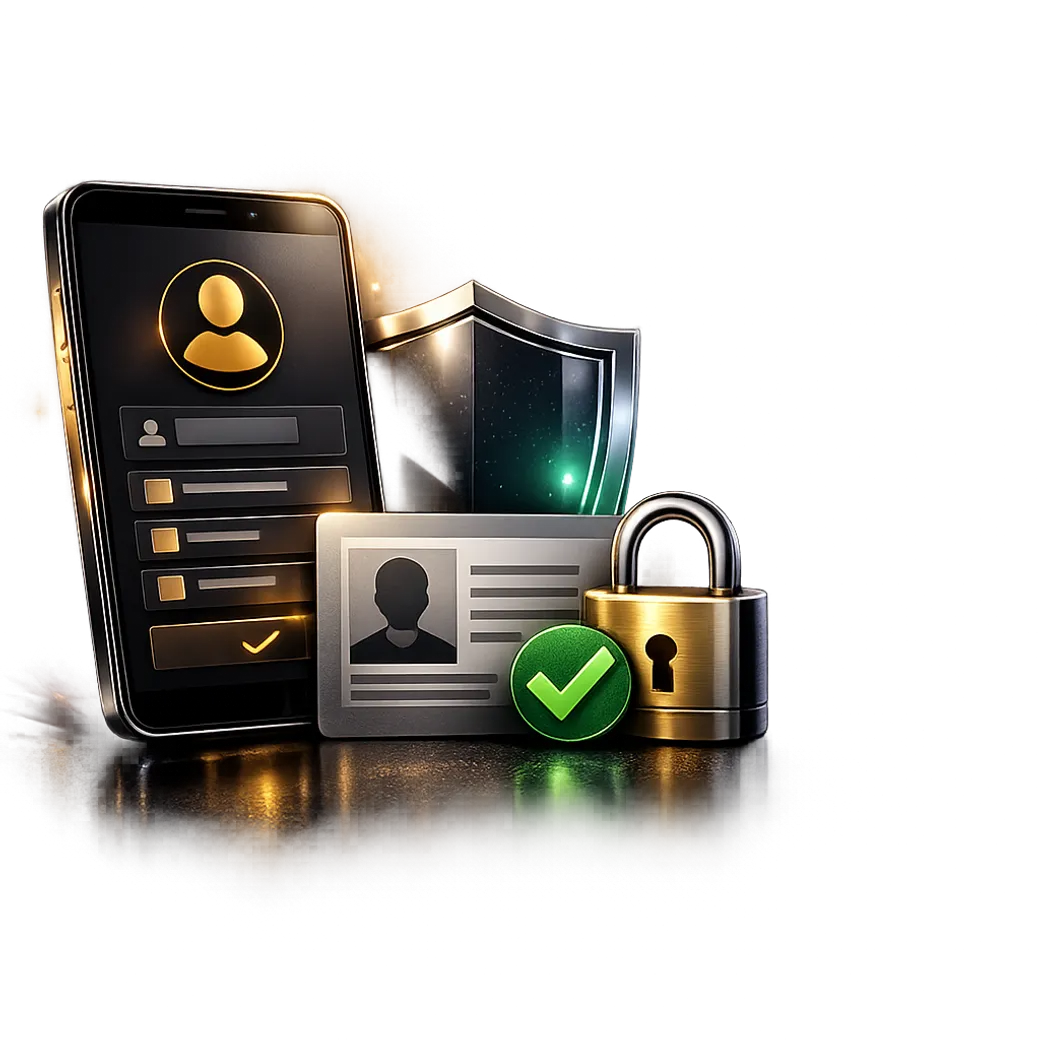 3D illustration of a smartphone displaying a secure registration interface with abstract fields, a checkmark, and a shield mo